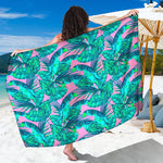 Pink Teal Tropical Leaf Pattern Print Beach Sarong Wrap