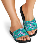 Pink Teal Tropical Leaf Pattern Print Black Slide Sandals