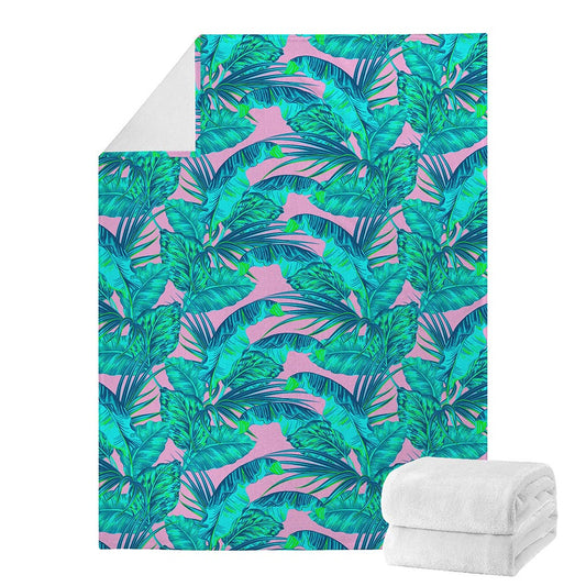 Pink Teal Tropical Leaf Pattern Print Blanket