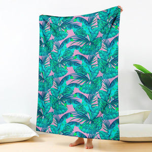 Pink Teal Tropical Leaf Pattern Print Blanket