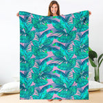Pink Teal Tropical Leaf Pattern Print Blanket