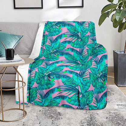 Pink Teal Tropical Leaf Pattern Print Blanket