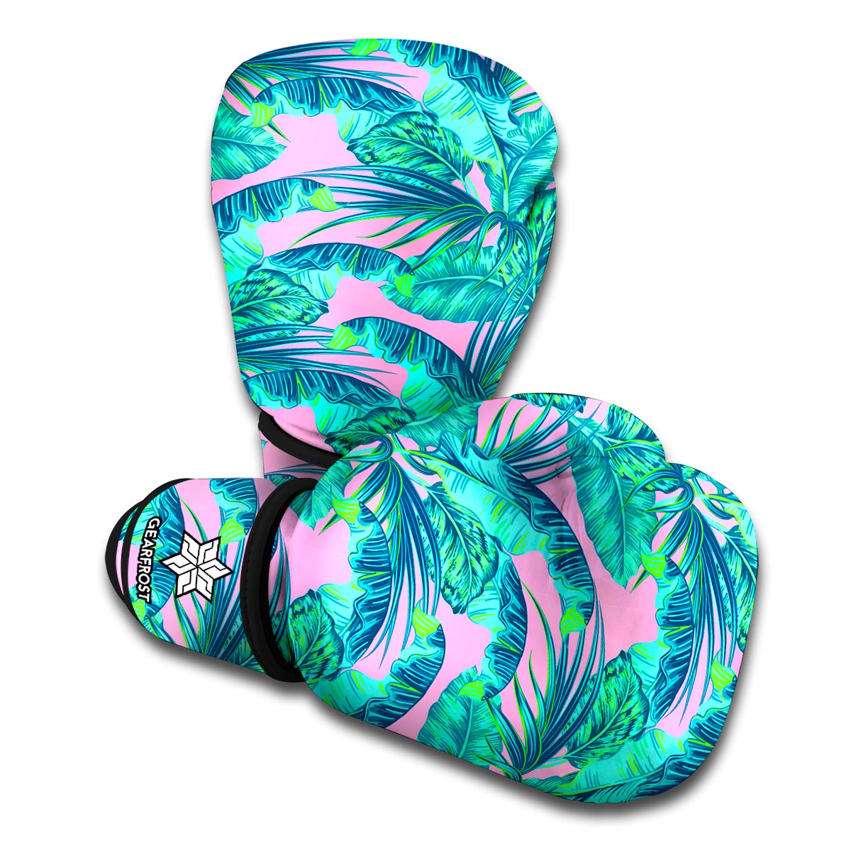 Pink Teal Tropical Leaf Pattern Print Boxing Gloves