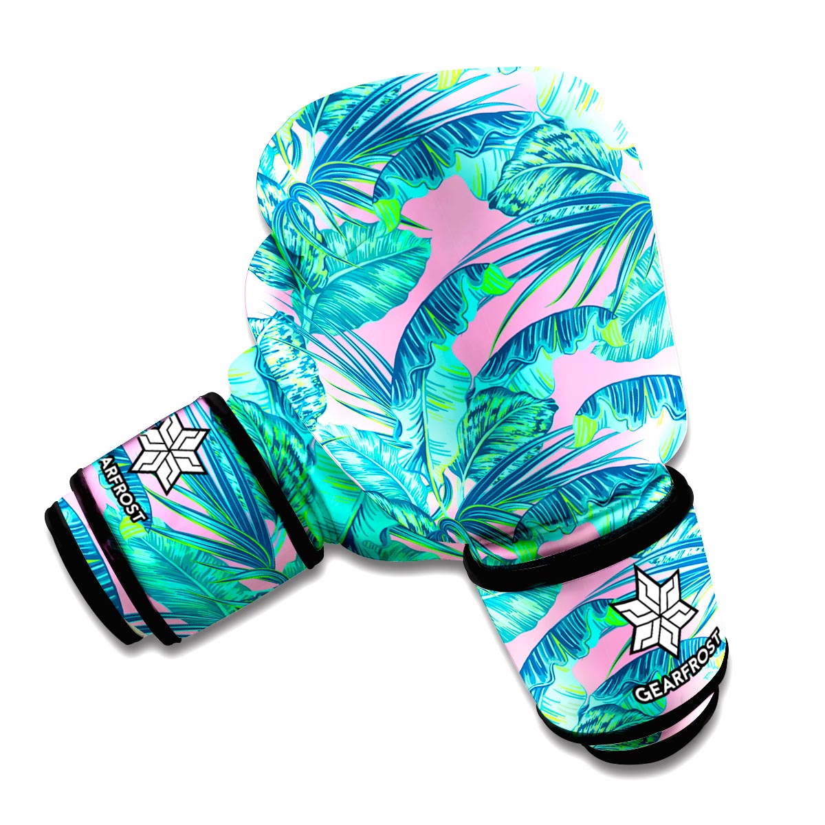 Pink Teal Tropical Leaf Pattern Print Boxing Gloves