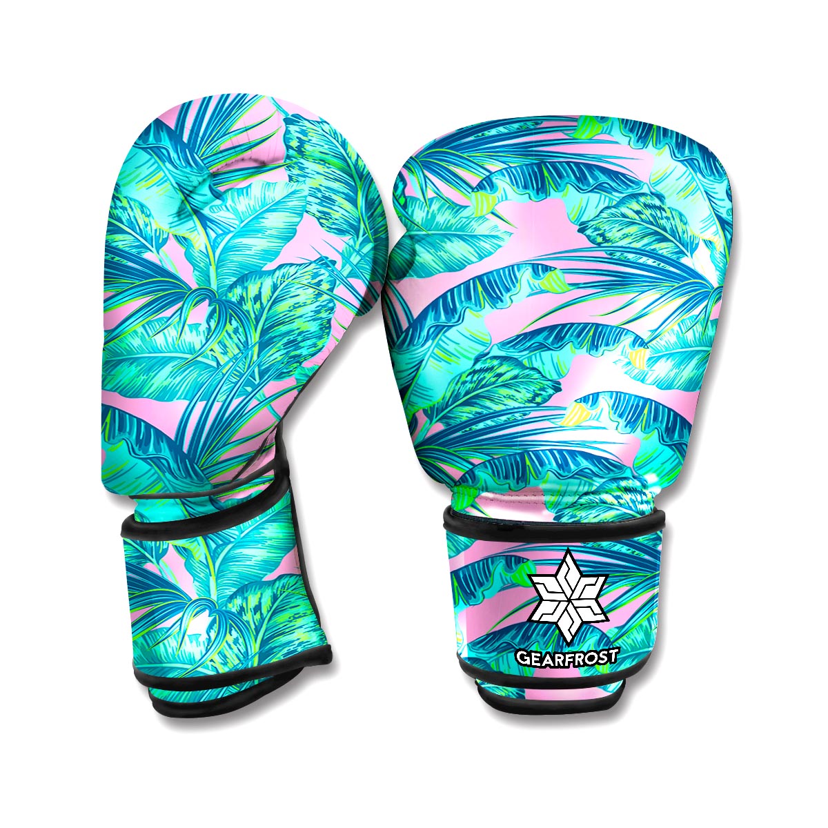 Pink Teal Tropical Leaf Pattern Print Boxing Gloves