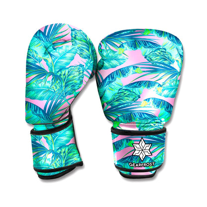 Pink Teal Tropical Leaf Pattern Print Boxing Gloves