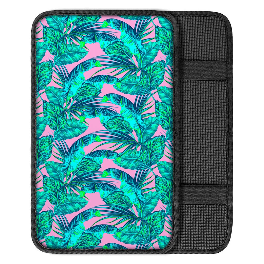 Pink Teal Tropical Leaf Pattern Print Car Center Console Cover