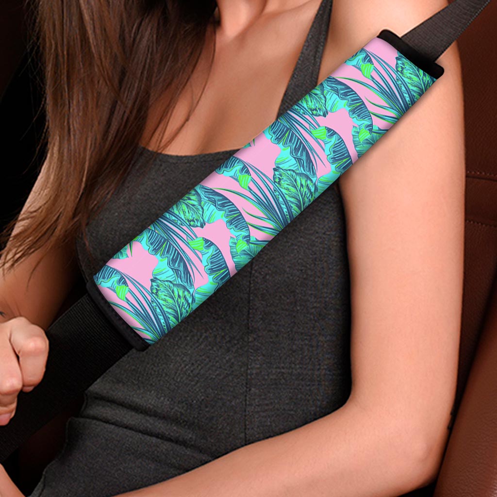 Pink Teal Tropical Leaf Pattern Print Car Seat Belt Covers
