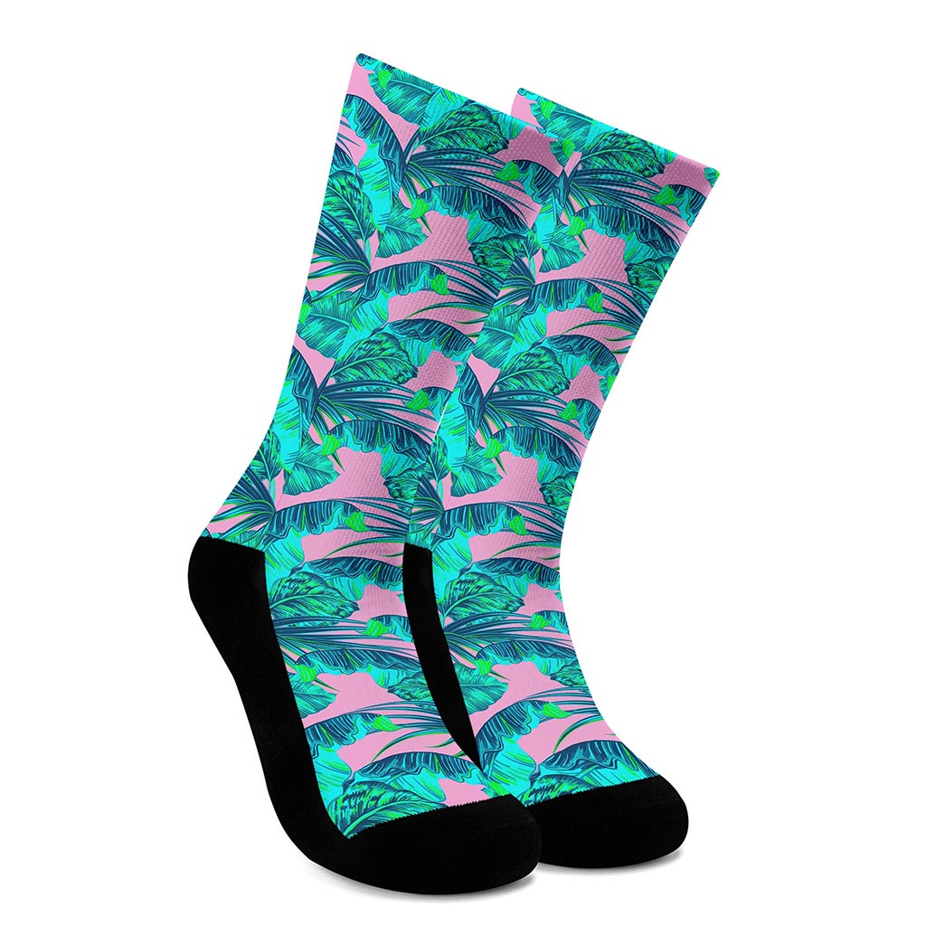 Pink Teal Tropical Leaf Pattern Print Crew Socks