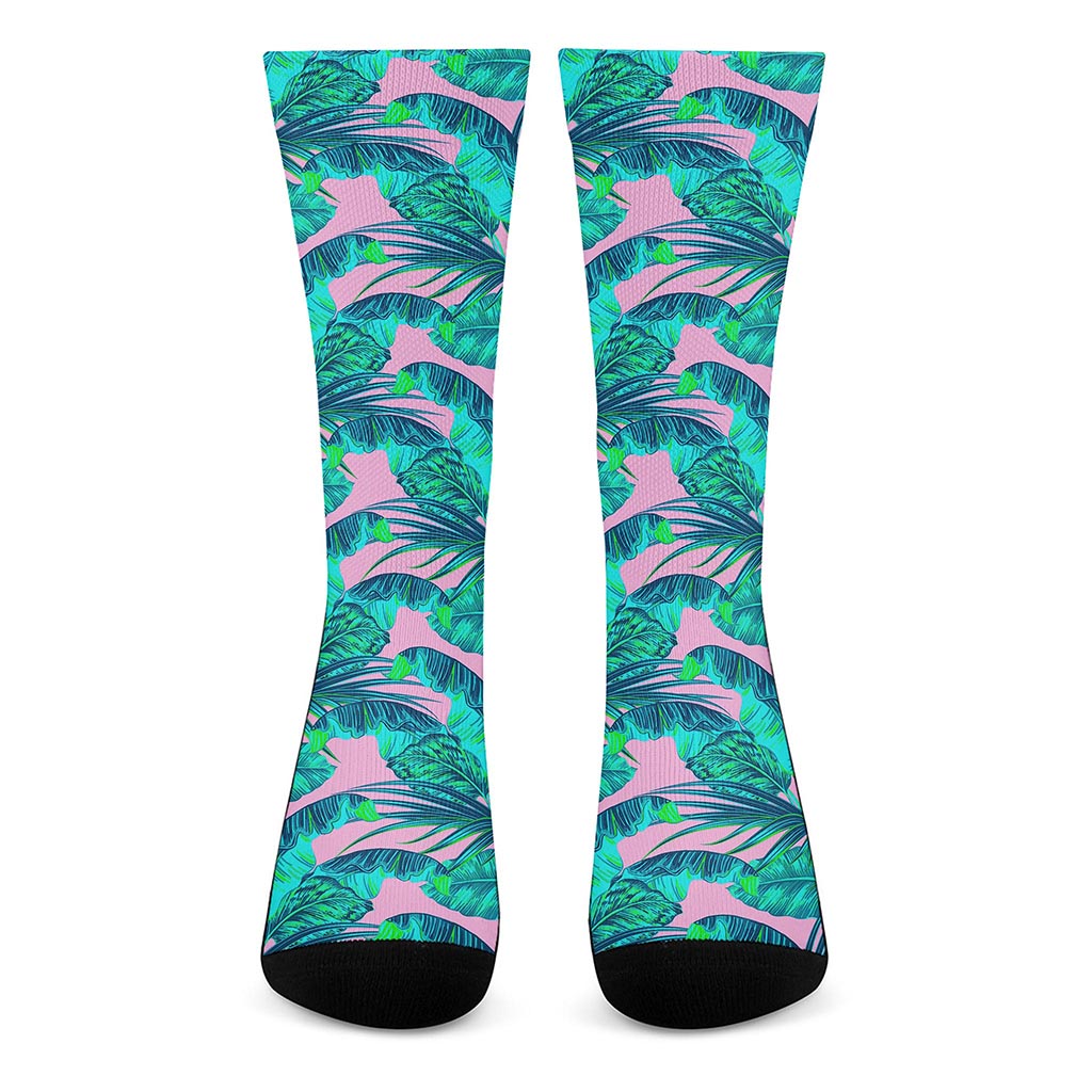 Pink Teal Tropical Leaf Pattern Print Crew Socks