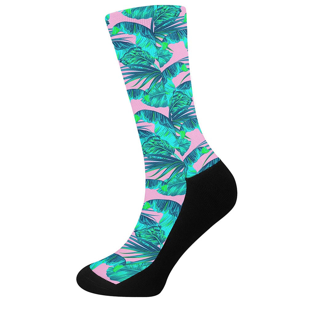 Pink Teal Tropical Leaf Pattern Print Crew Socks