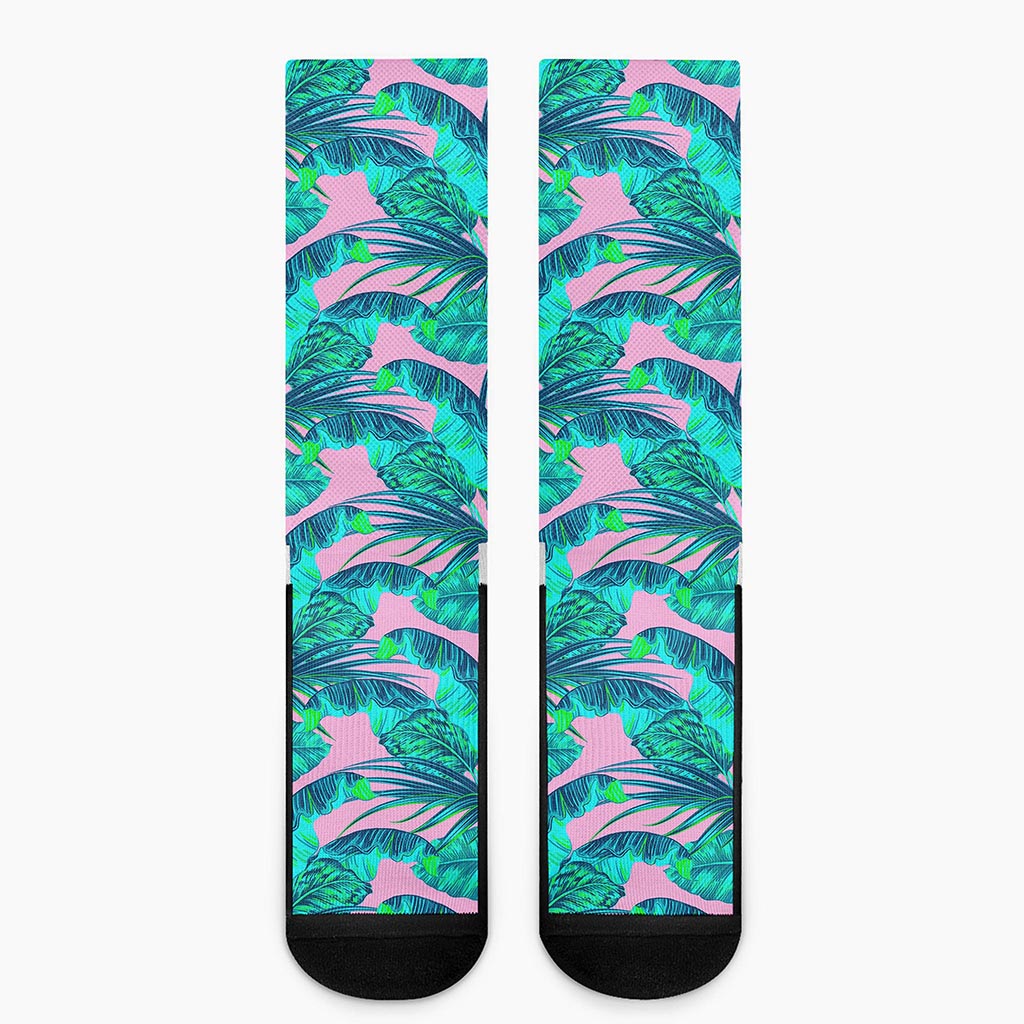 Pink Teal Tropical Leaf Pattern Print Crew Socks