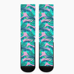 Pink Teal Tropical Leaf Pattern Print Crew Socks