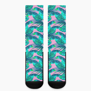 Pink Teal Tropical Leaf Pattern Print Crew Socks