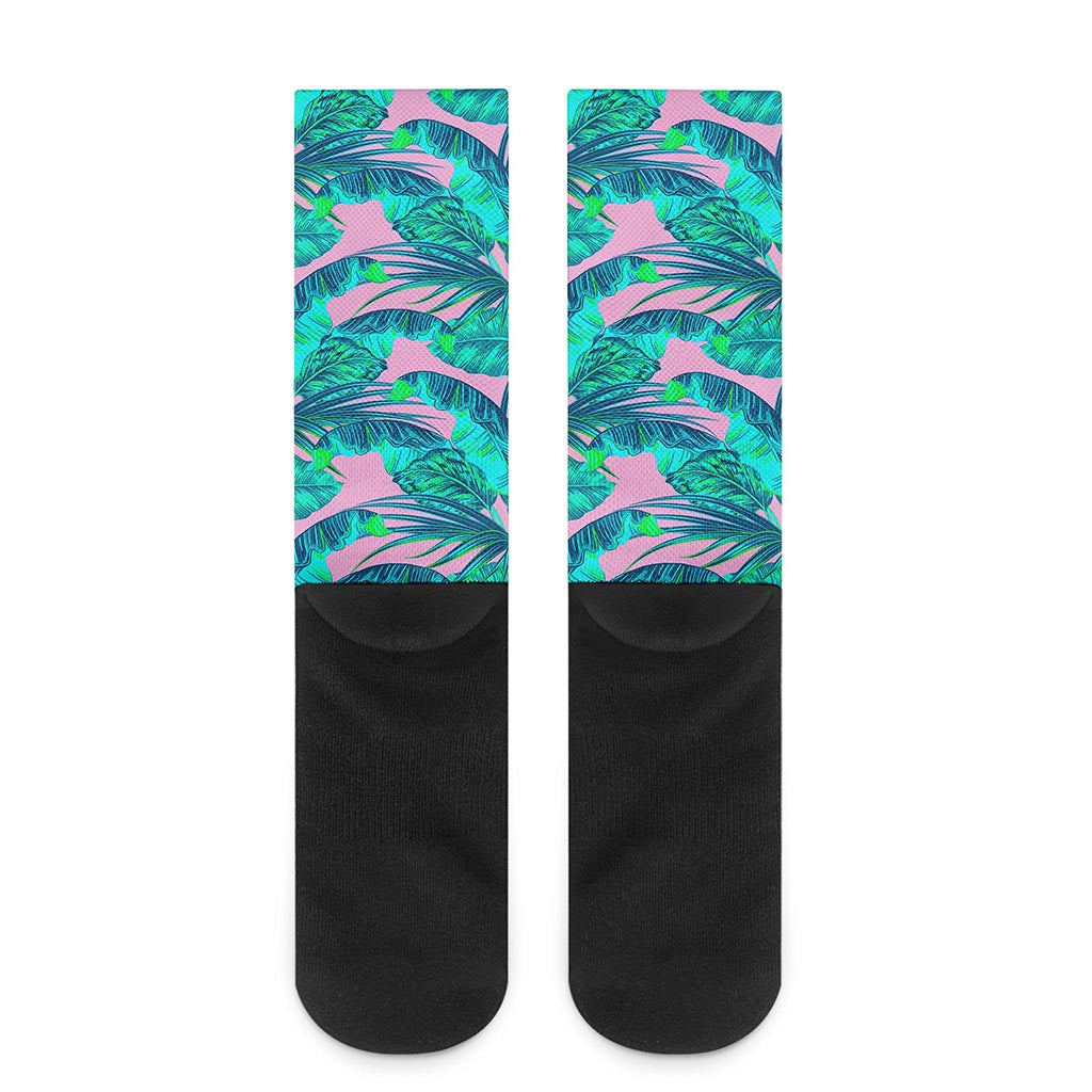 Pink Teal Tropical Leaf Pattern Print Crew Socks