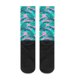 Pink Teal Tropical Leaf Pattern Print Crew Socks