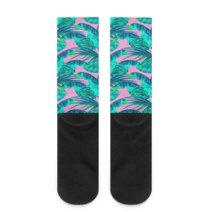 Pink Teal Tropical Leaf Pattern Print Crew Socks