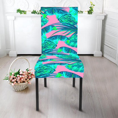 Pink Teal Tropical Leaf Pattern Print Dining Chair Slipcover