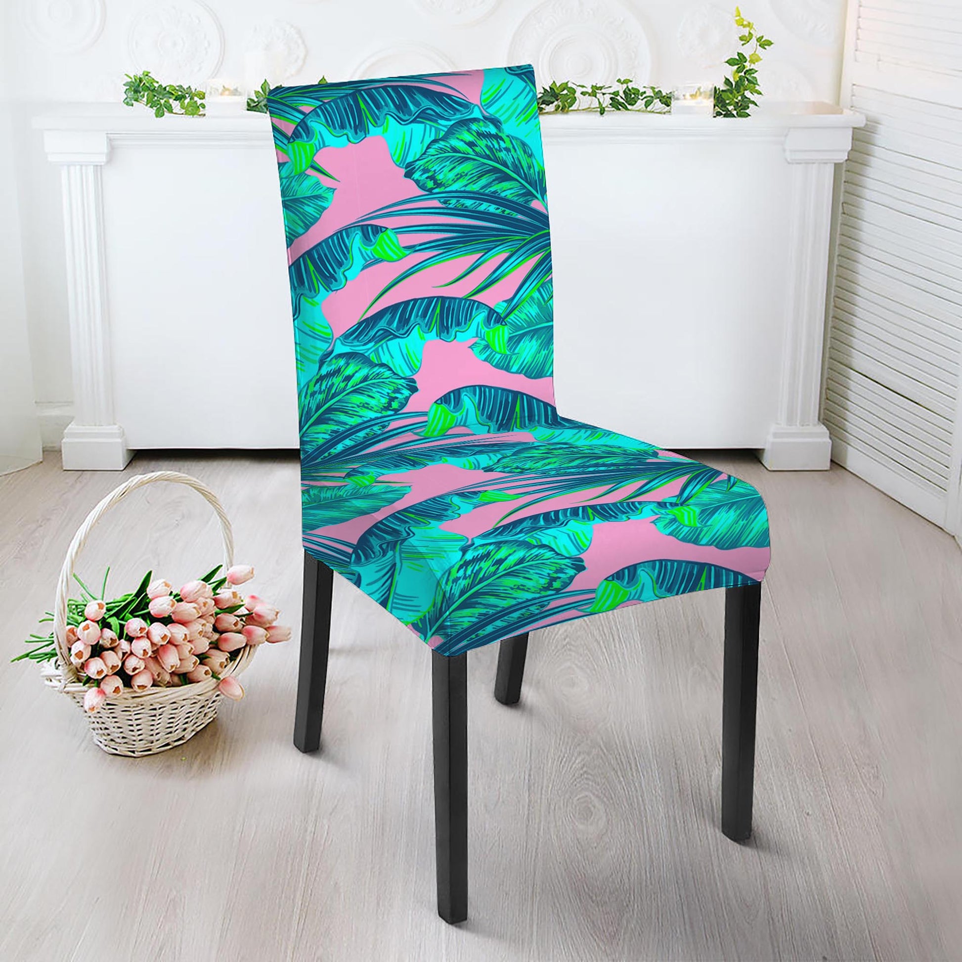 Pink Teal Tropical Leaf Pattern Print Dining Chair Slipcover