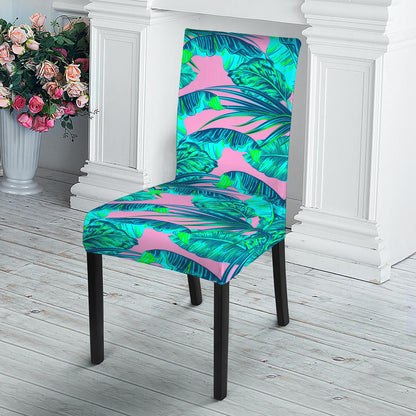Pink Teal Tropical Leaf Pattern Print Dining Chair Slipcover