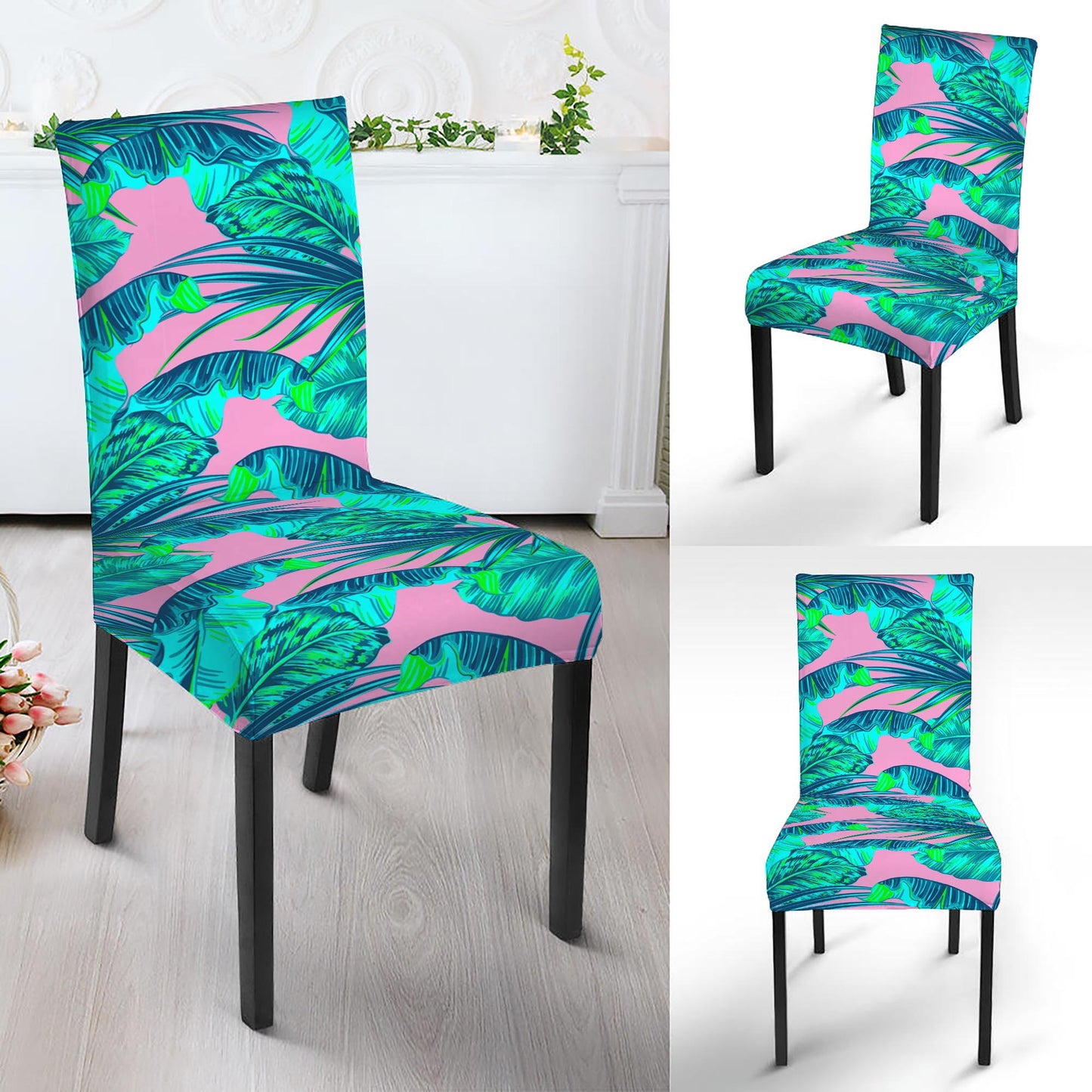 Pink Teal Tropical Leaf Pattern Print Dining Chair Slipcover