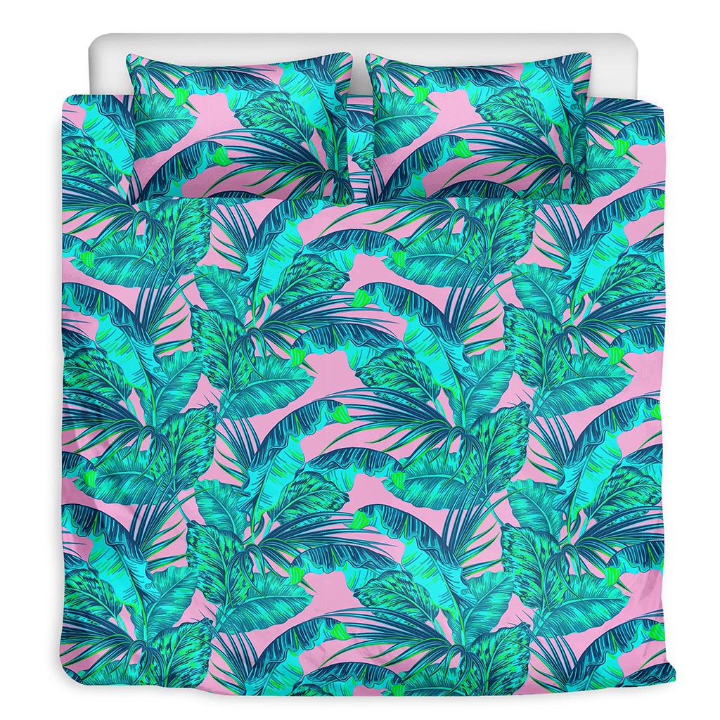 Pink Teal Tropical Leaf Pattern Print Duvet Cover Bedding Set