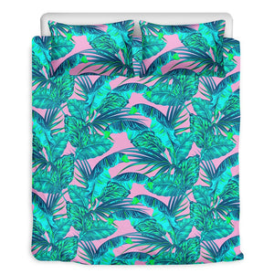 Pink Teal Tropical Leaf Pattern Print Duvet Cover Bedding Set