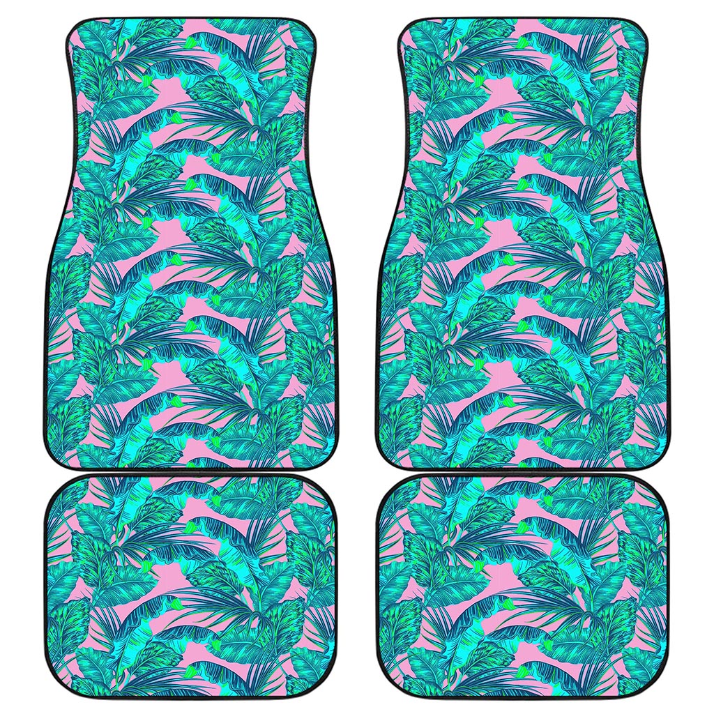 Pink Teal Tropical Leaf Pattern Print Front and Back Car Floor Mats