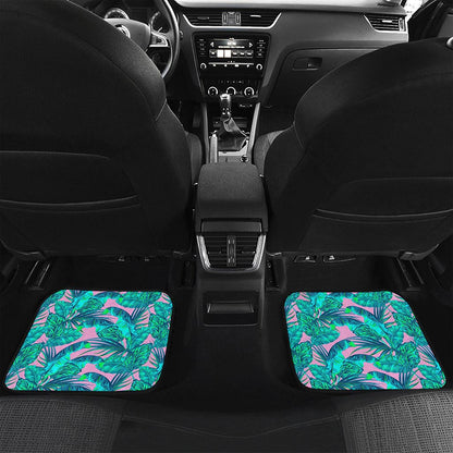 Pink Teal Tropical Leaf Pattern Print Front and Back Car Floor Mats
