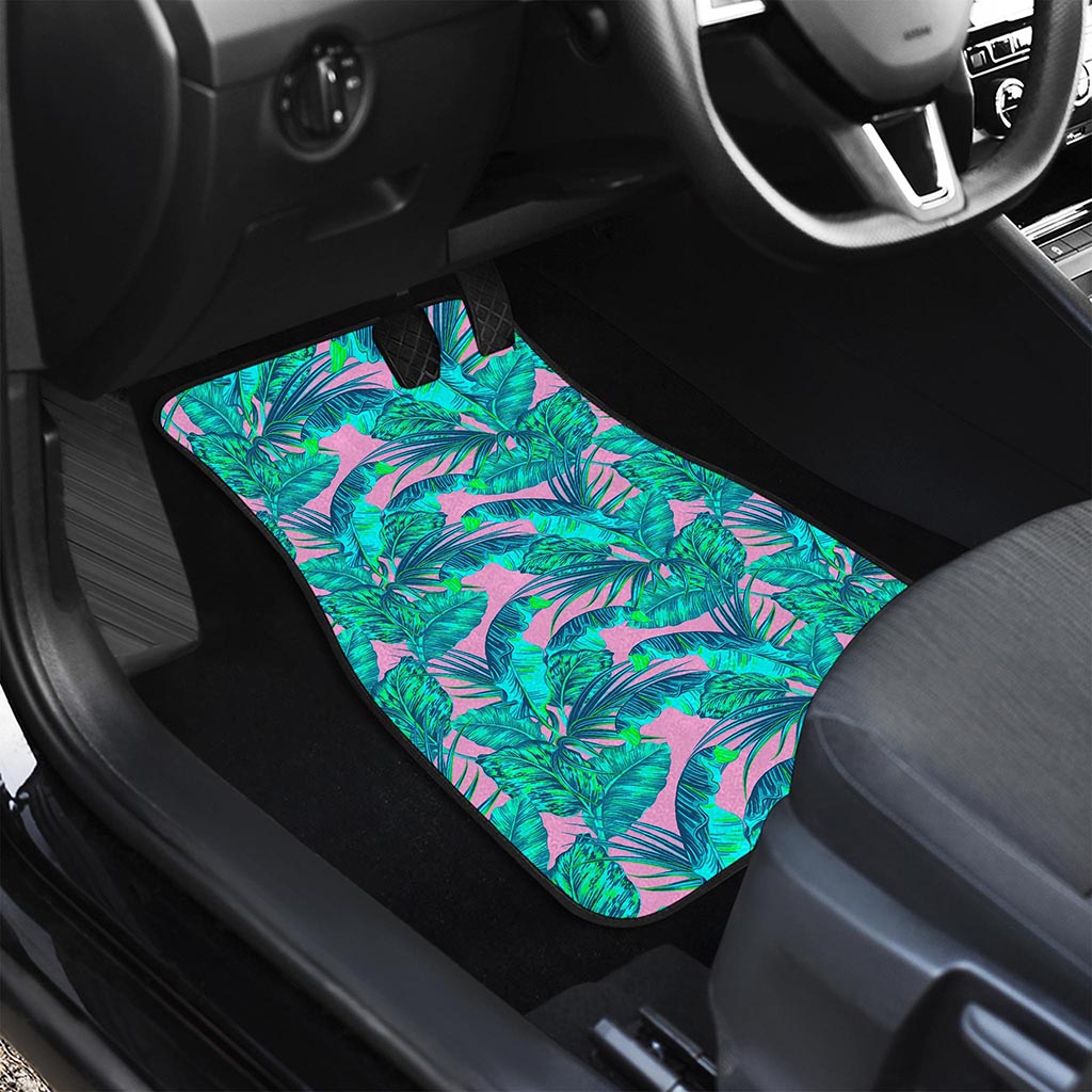 Pink Teal Tropical Leaf Pattern Print Front Car Floor Mats