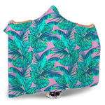 Pink Teal Tropical Leaf Pattern Print Hooded Blanket