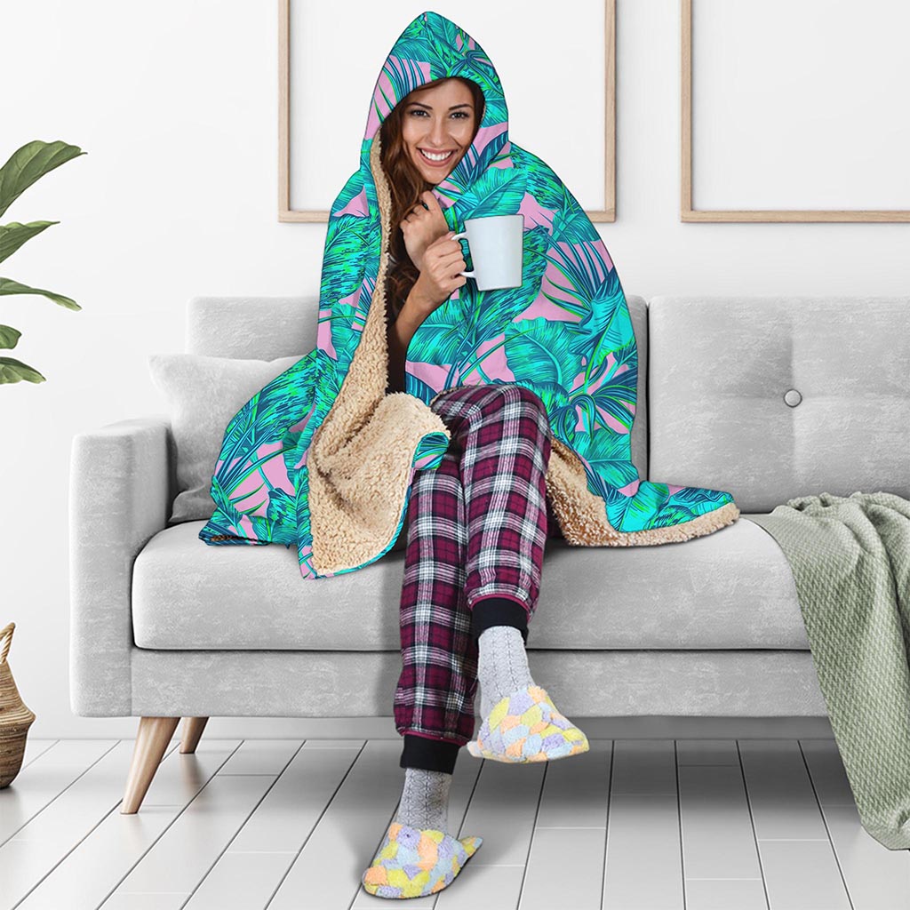 Pink Teal Tropical Leaf Pattern Print Hooded Blanket