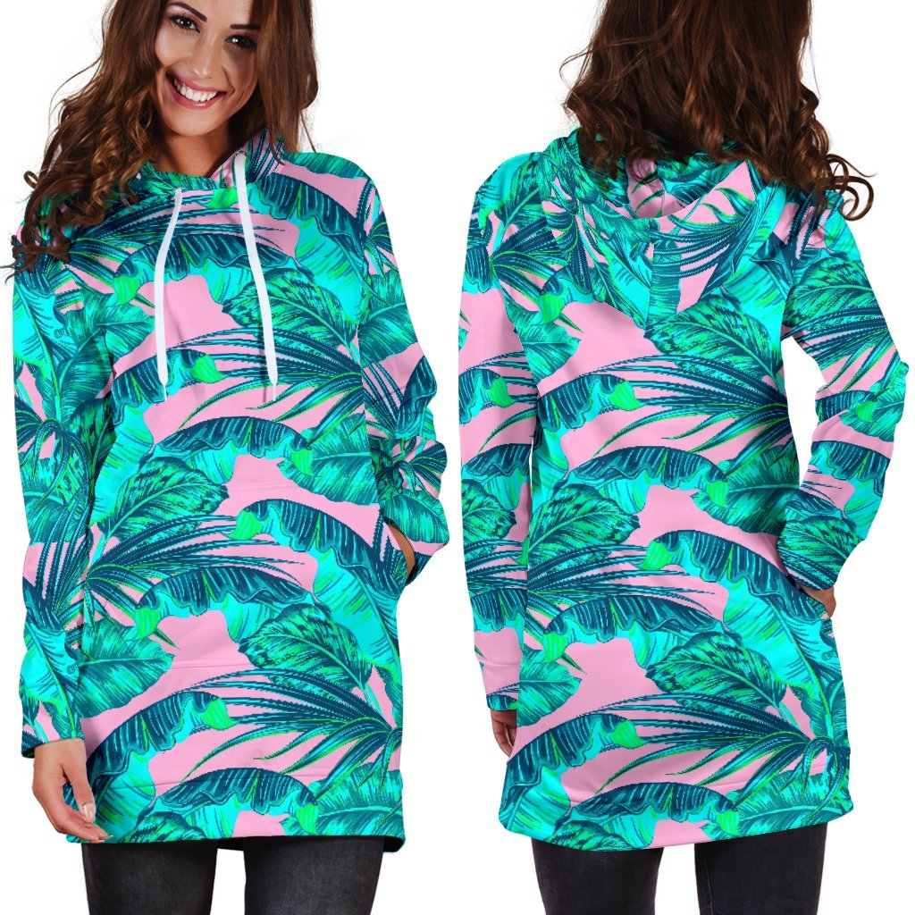 Pink Teal Tropical Leaf Pattern Print Hoodie Dress GearFrost