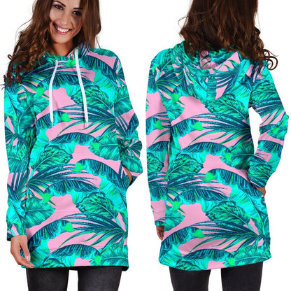 Pink Teal Tropical Leaf Pattern Print Hoodie Dress GearFrost
