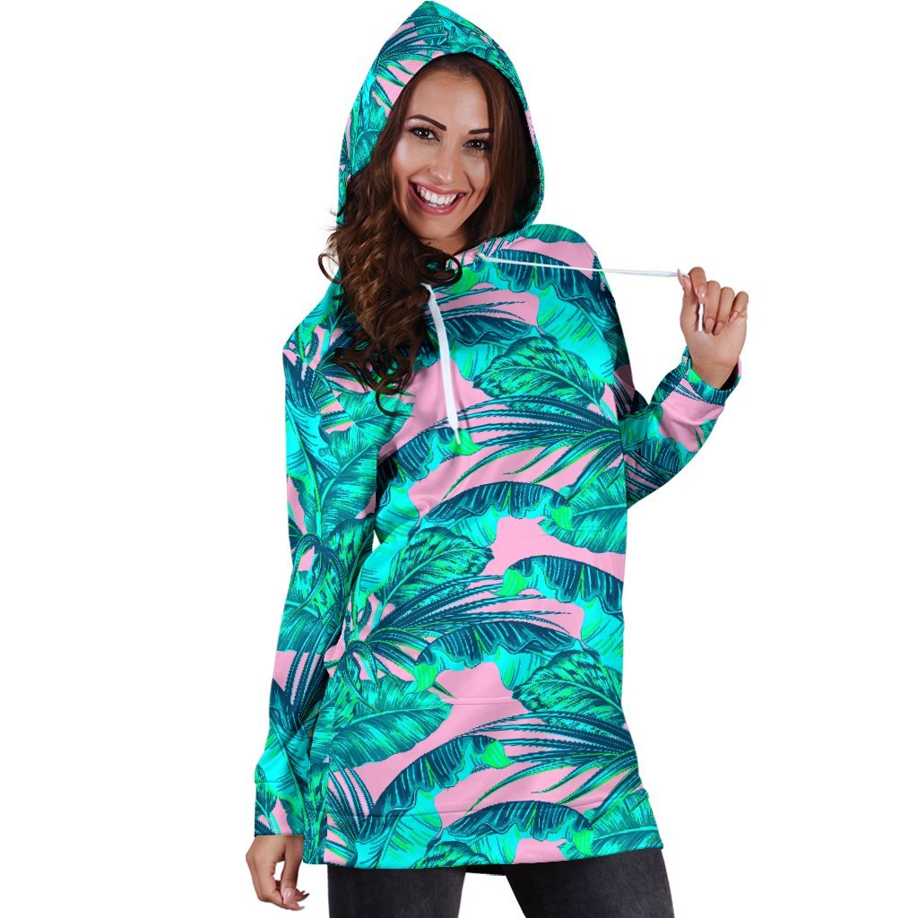 Pink Teal Tropical Leaf Pattern Print Hoodie Dress GearFrost