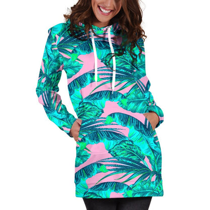 Pink Teal Tropical Leaf Pattern Print Hoodie Dress GearFrost