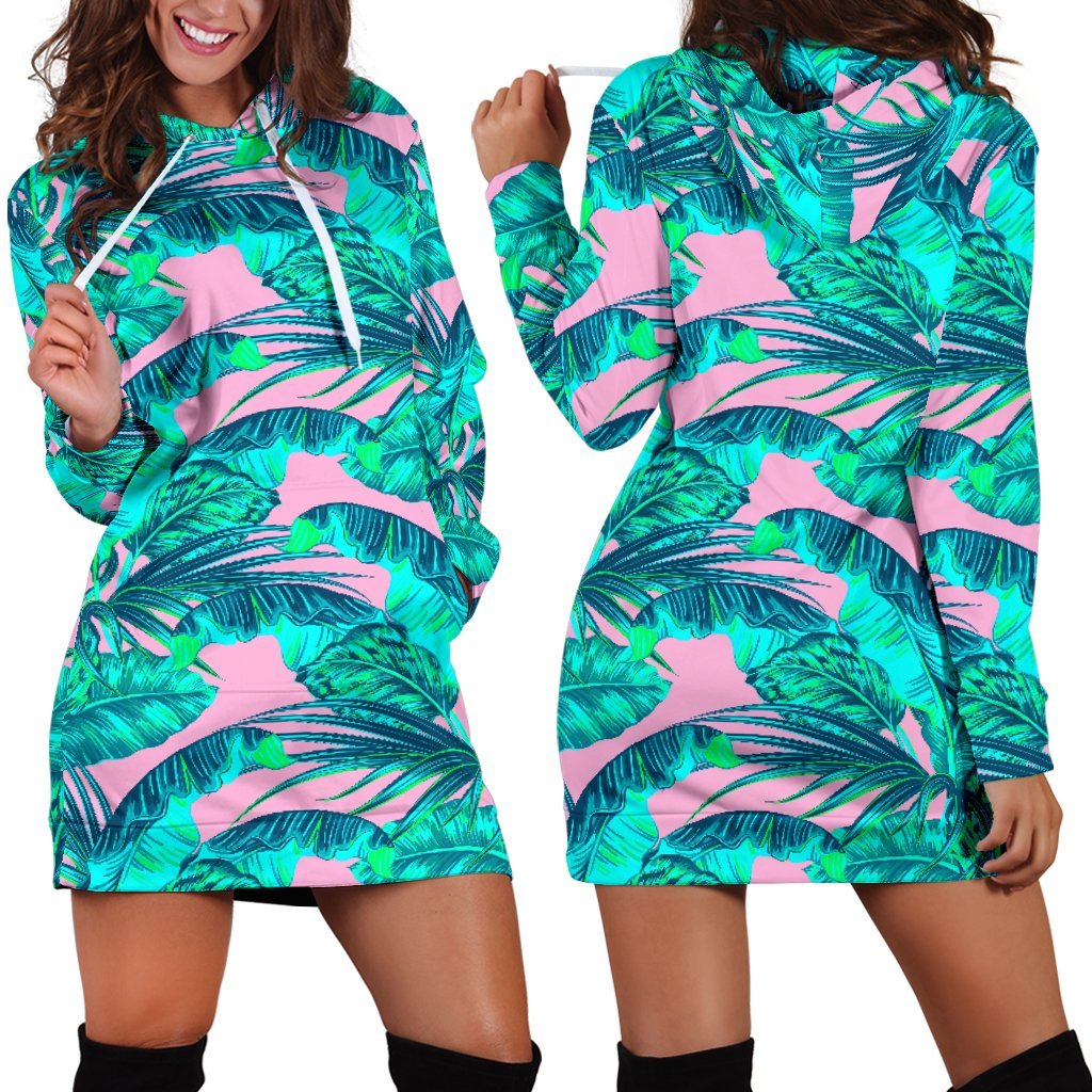 Pink Teal Tropical Leaf Pattern Print Hoodie Dress GearFrost