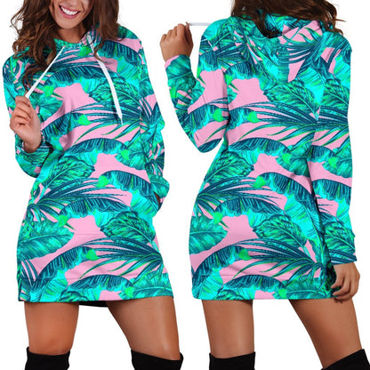 Pink Teal Tropical Leaf Pattern Print Hoodie Dress GearFrost