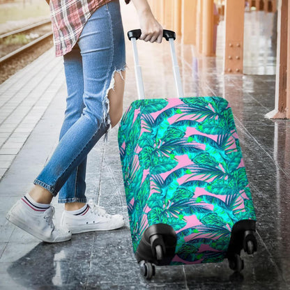 Pink Teal Tropical Leaf Pattern Print Luggage Cover GearFrost