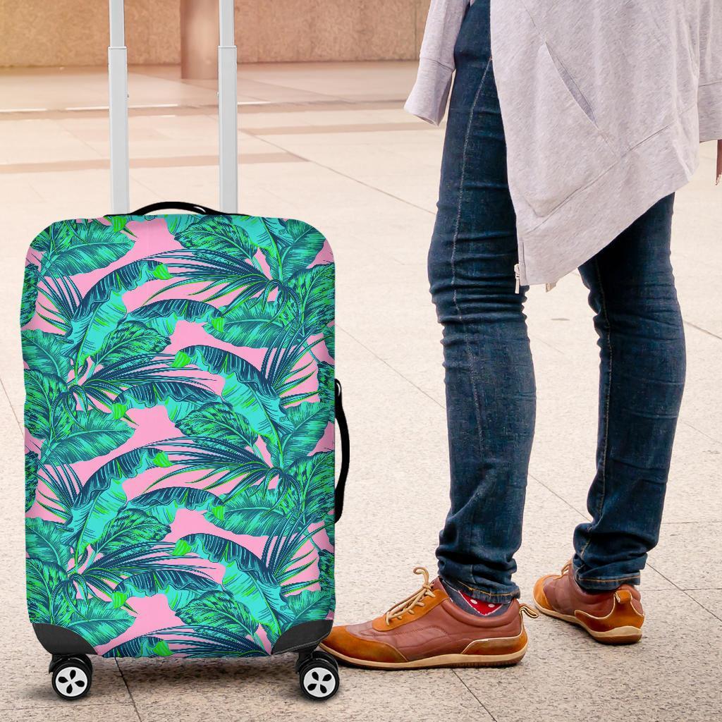 Pink Teal Tropical Leaf Pattern Print Luggage Cover GearFrost