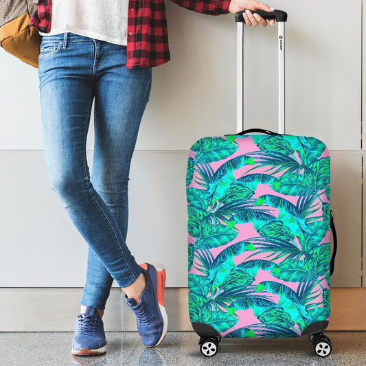 Pink Teal Tropical Leaf Pattern Print Luggage Cover GearFrost