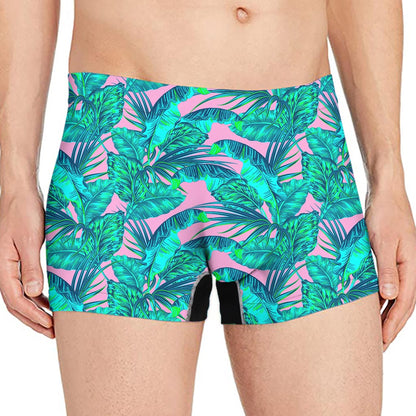 Pink Teal Tropical Leaf Pattern Print Men's Boxer Briefs