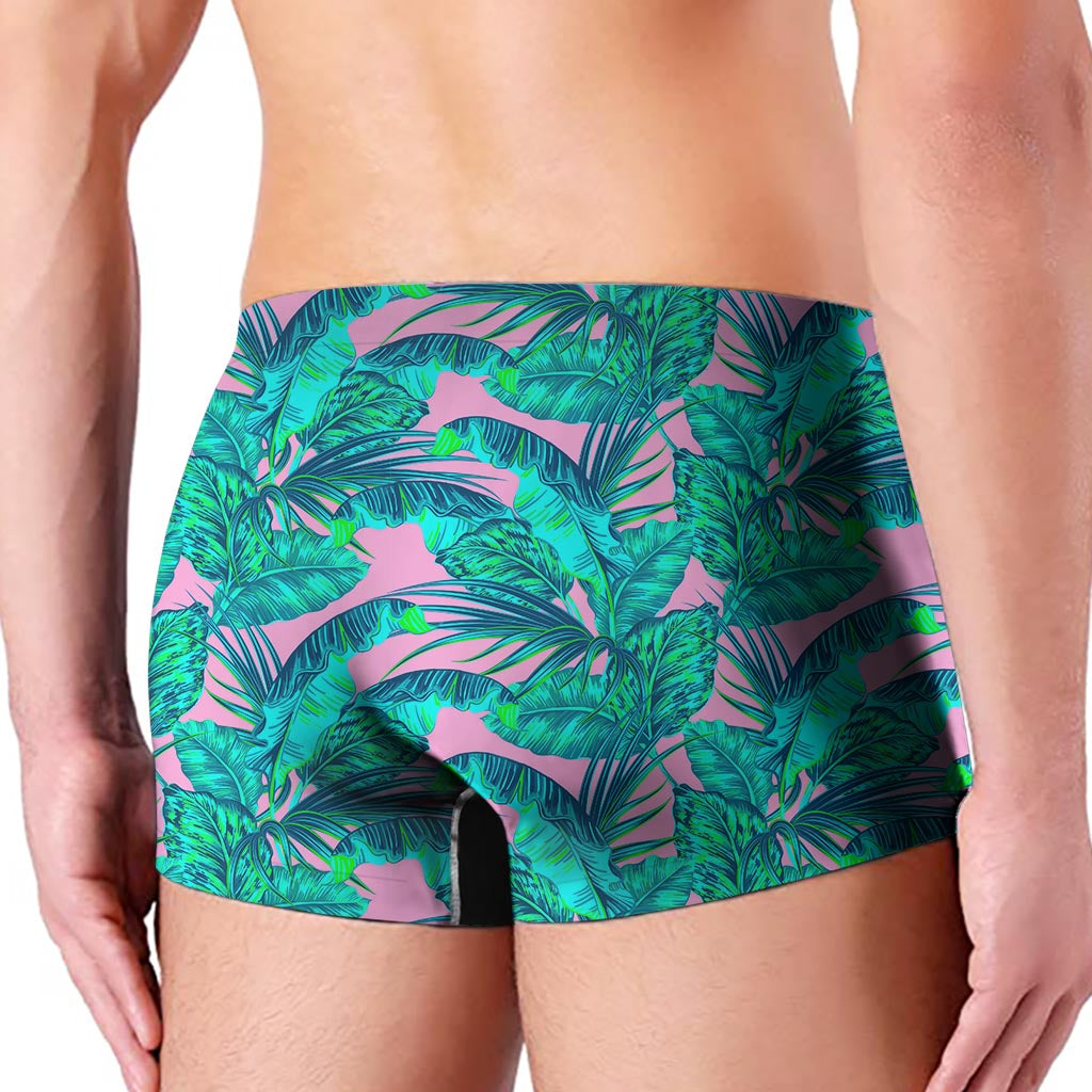 Pink Teal Tropical Leaf Pattern Print Men's Boxer Briefs