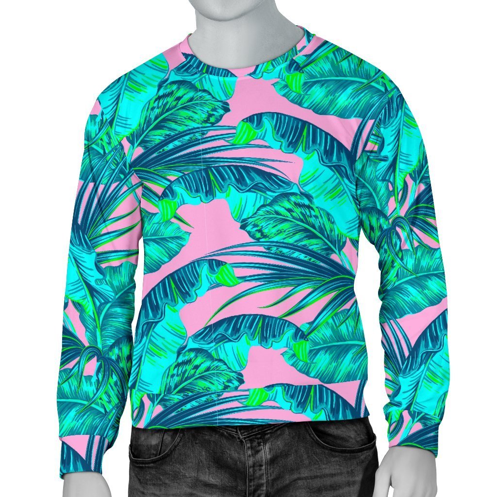 Pink Teal Tropical Leaf Pattern Print Men's Crewneck Sweatshirt GearFrost