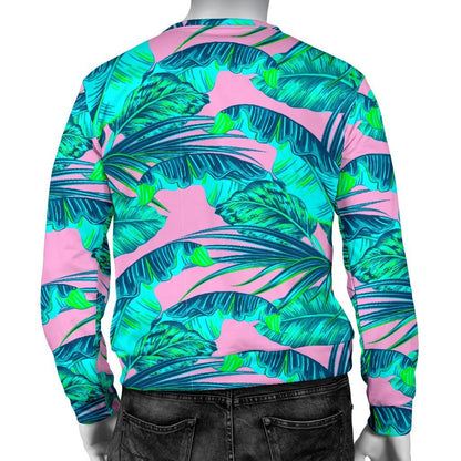 Pink Teal Tropical Leaf Pattern Print Men's Crewneck Sweatshirt GearFrost
