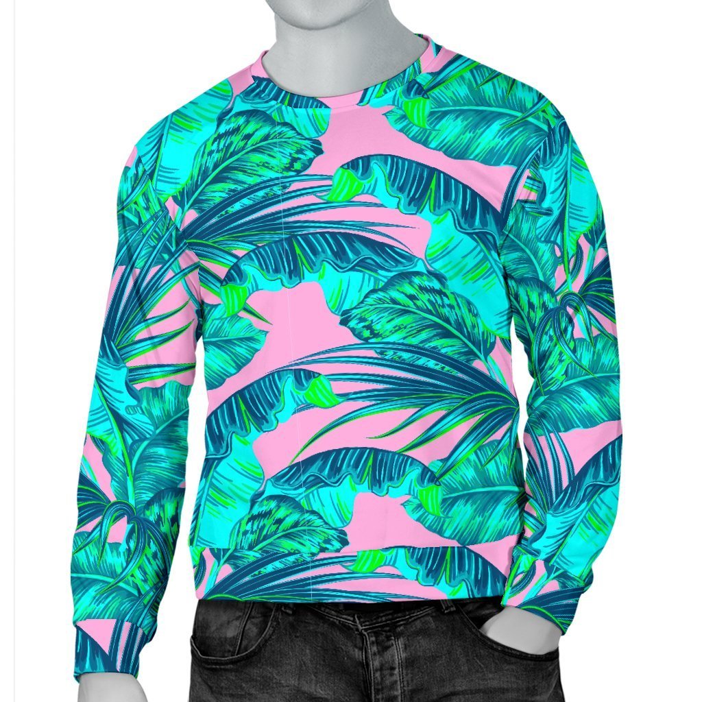 Pink Teal Tropical Leaf Pattern Print Men's Crewneck Sweatshirt GearFrost