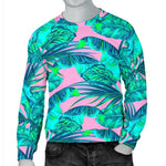 Pink Teal Tropical Leaf Pattern Print Men's Crewneck Sweatshirt GearFrost