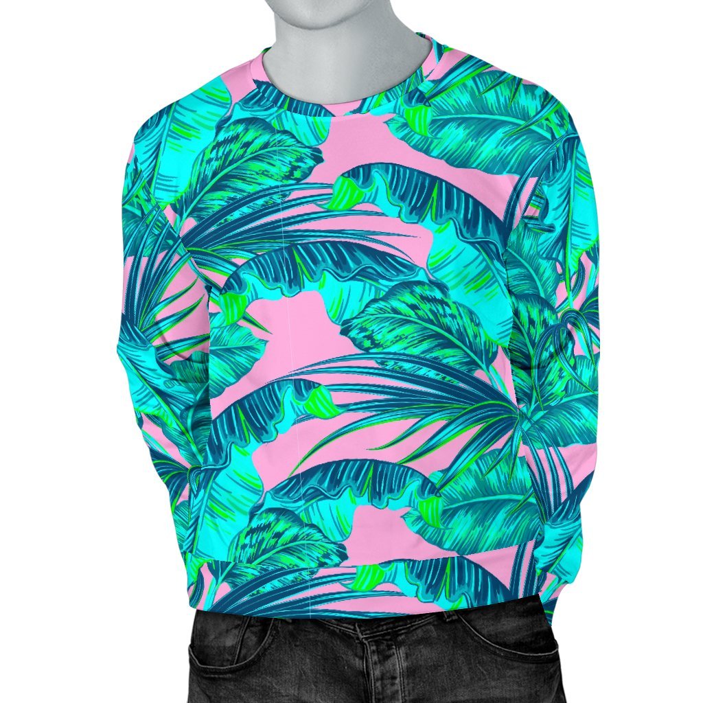 Pink Teal Tropical Leaf Pattern Print Men's Crewneck Sweatshirt GearFrost