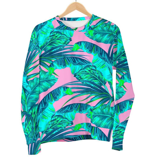 Pink Teal Tropical Leaf Pattern Print Men's Crewneck Sweatshirt GearFrost
