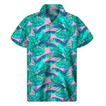 Pink Teal Tropical Leaf Pattern Print Men's Short Sleeve Shirt